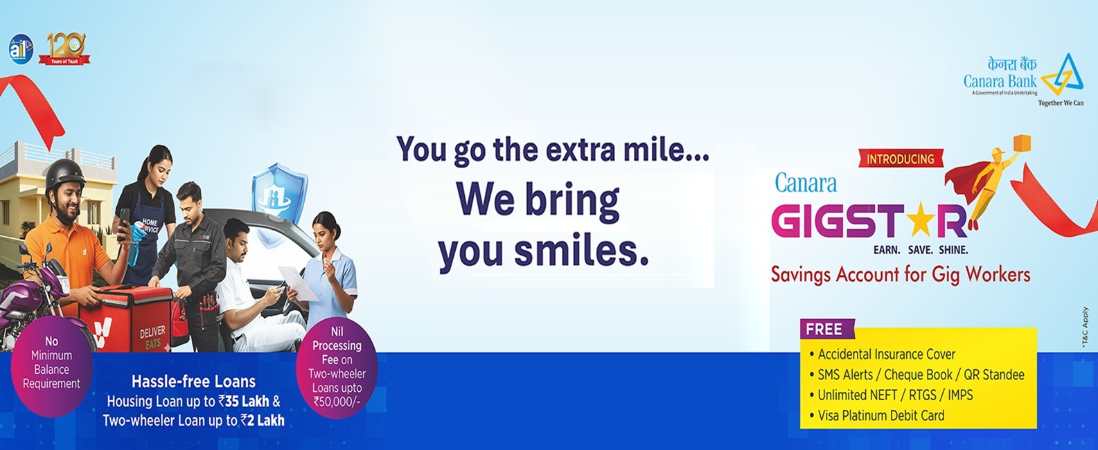 Canara GigStar - Savings Account for Gig Workers - You go the extra mile, We bring you smiles